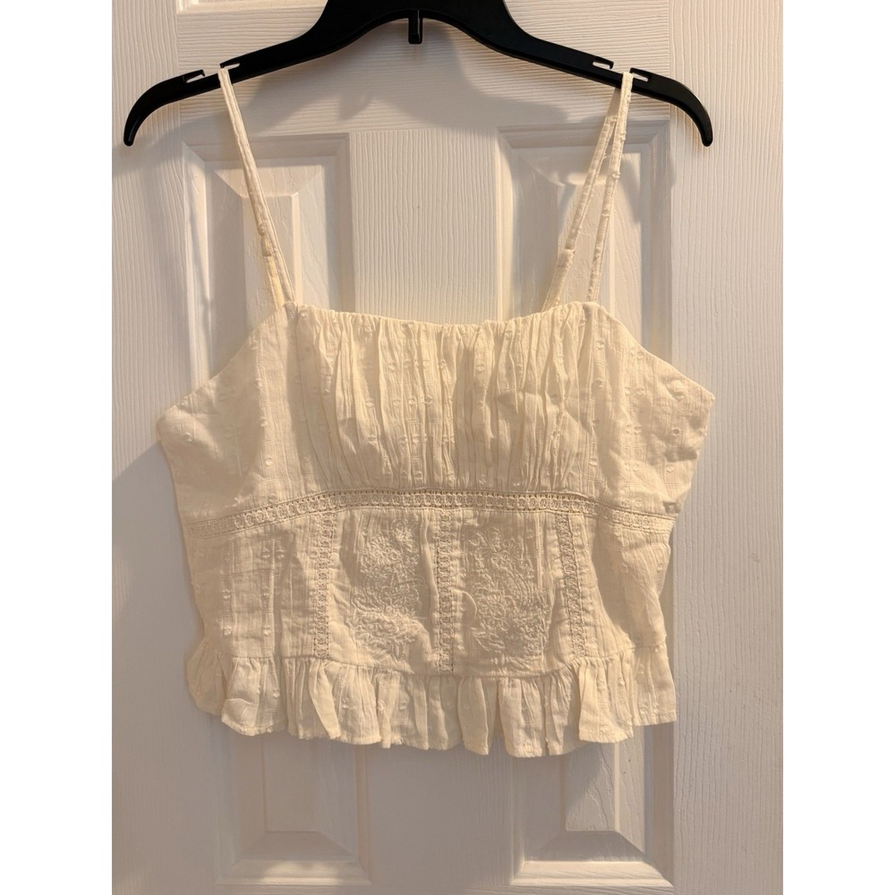 Moon Orchid Sz L Cropped Festival Lace Embroidered Ruffled Top Spaghetti Strap